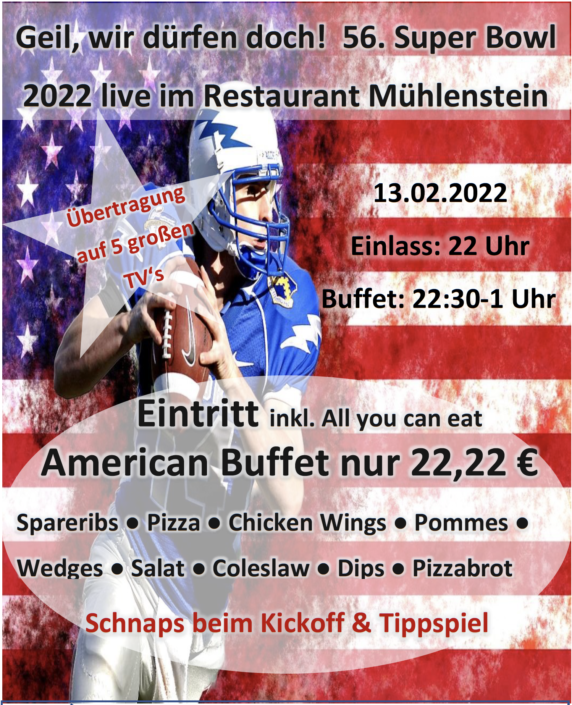 muehlensteinwedel.de-Burger-Pizza-Pasta-BBQ-Super Bowl 2022 live-Flyer